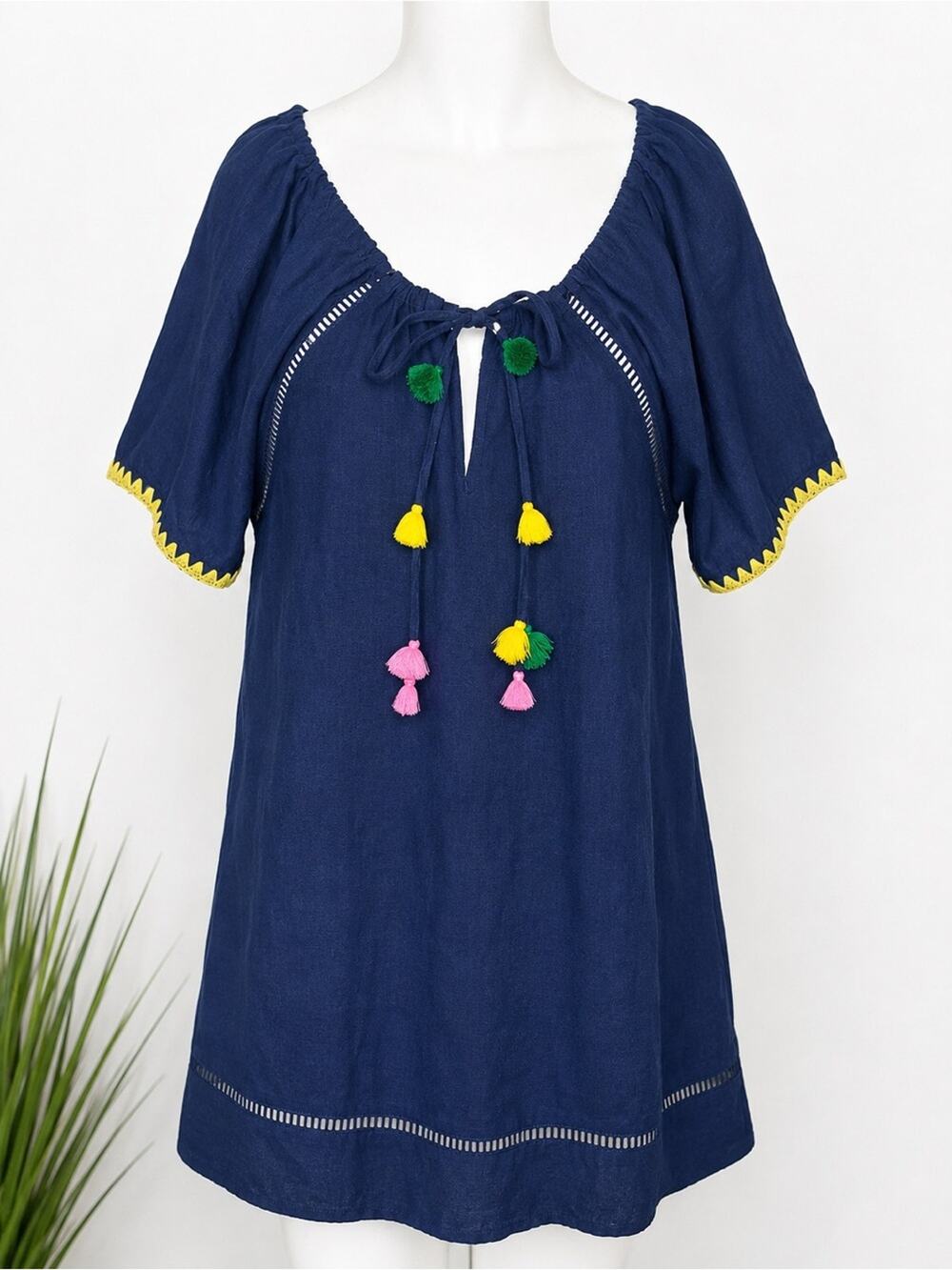 J.Crew Navy Tassel Tunic Cover Up Dress XS Linen Blend Boho Beach